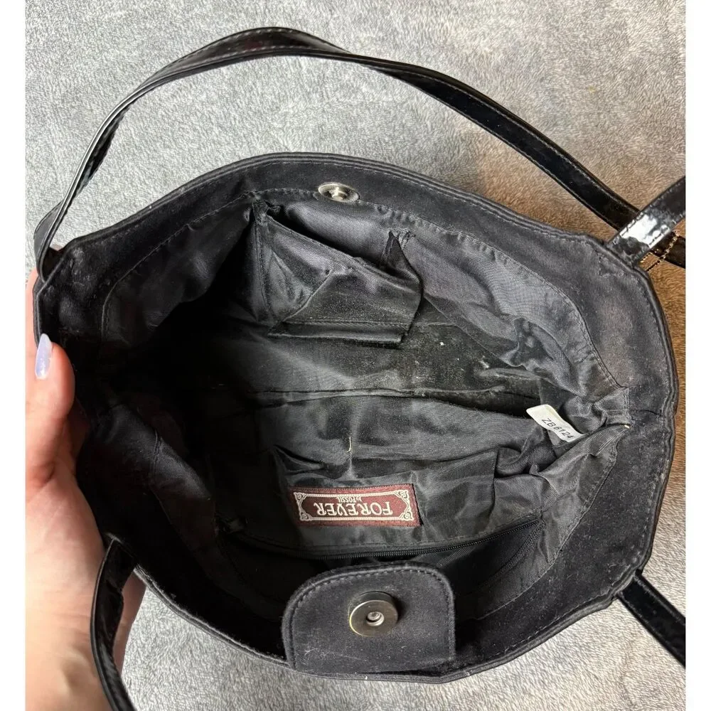 Forever by Fossil Black Satin Beauty Parlor Applique Shoulder Bag Vintage Purse